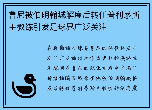 鲁尼被伯明翰城解雇后转任普利茅斯主教练引发足球界广泛关注